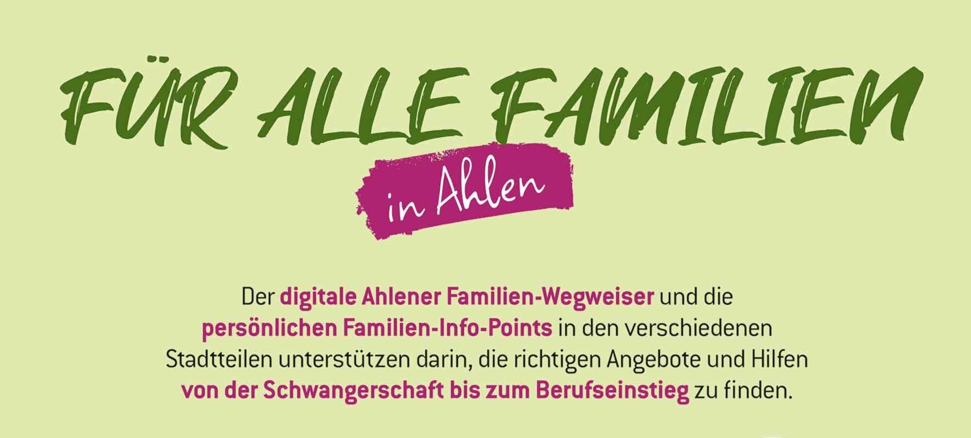 Plakat: Für alle Familien, Grafik mit Haus und Hand mit Smartphone