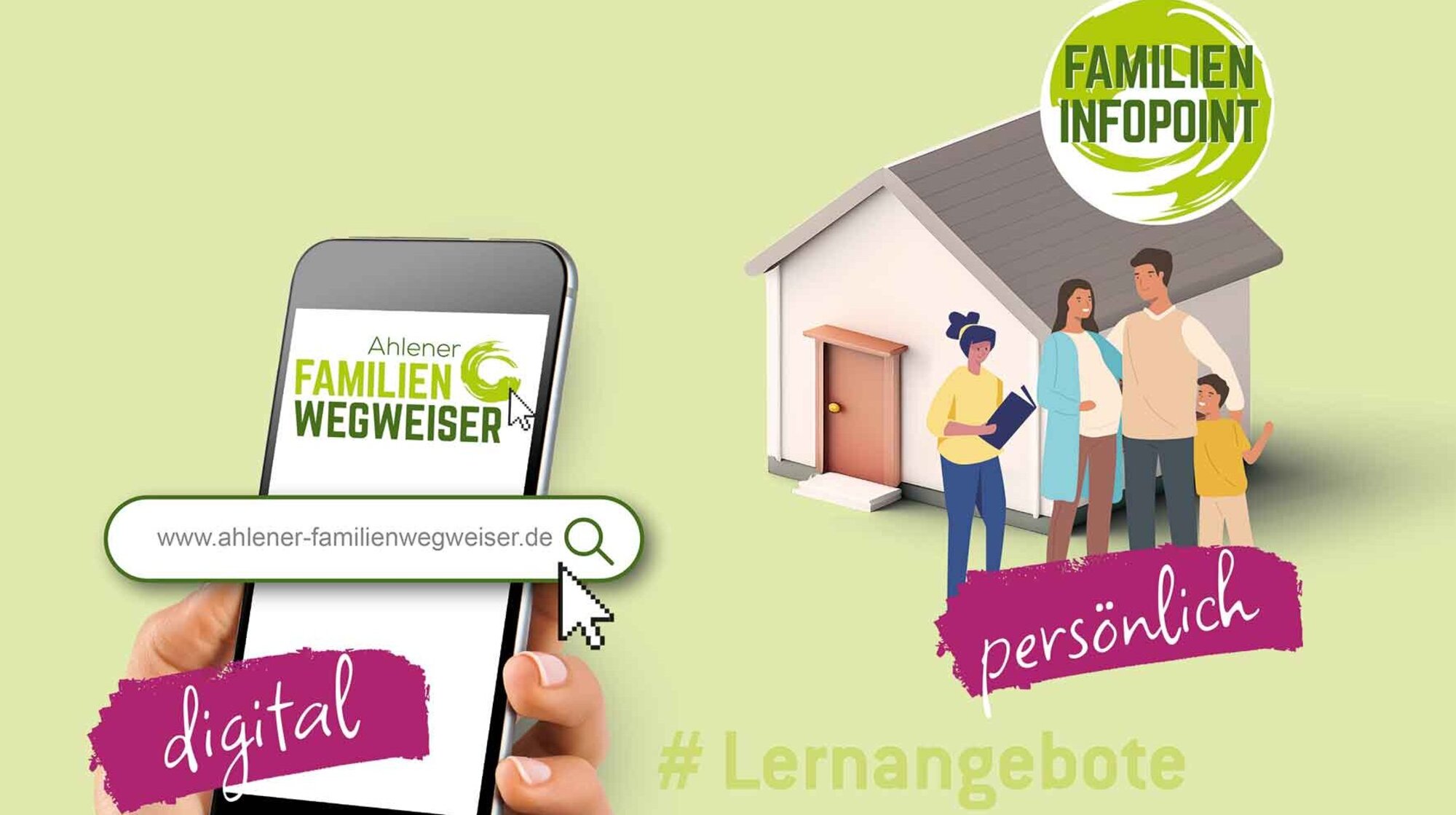 Plakat: Für alle Familien, Grafik mit Haus und Hand mit Smartphone